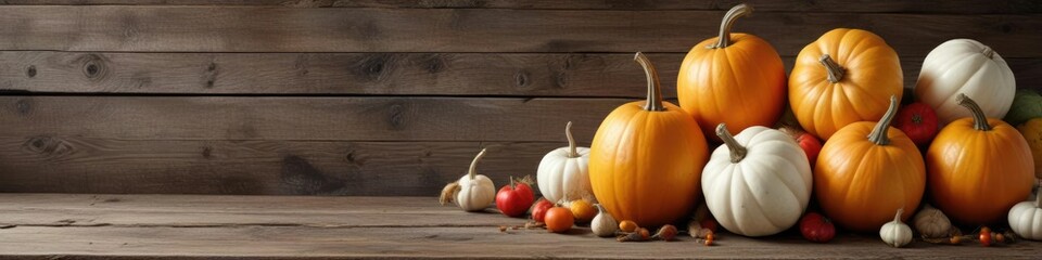 Autumn-themed arrangement featuring a mix of white, yellow, orange, and red pumpkins and gourds on a weathered wooden board, home decor, gourds
