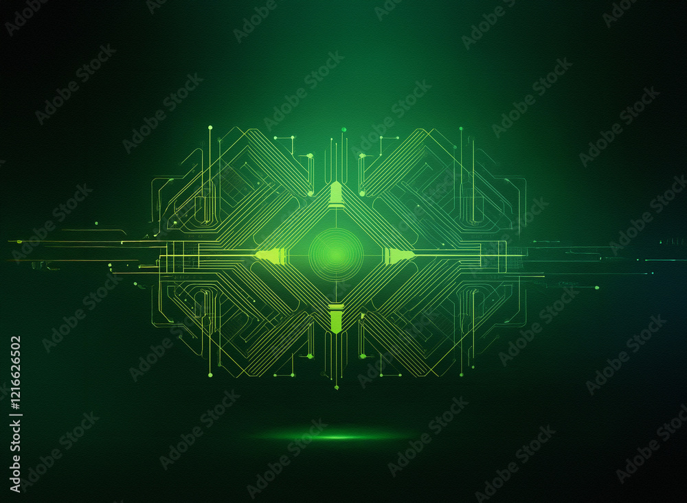 Aufkleber Abstract digital circuit design on grainy paper texture.  Glowing green lines form a central, symmetrical pattern.  The image evokes technology and connectivity.