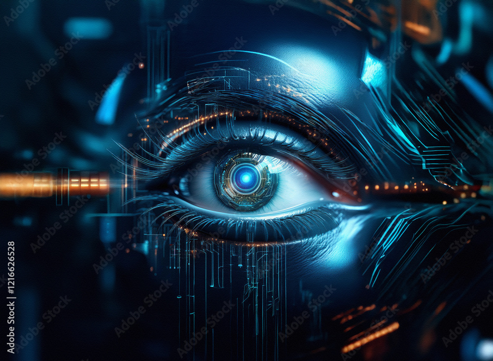 Poster close-up of a cybernetic eye, detailed with a grainy paper texture. glowing circuits encircle the re