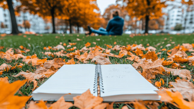 A serene image of a person journaling in a quiet park, surrounded by autumn leaves, highlighting the practice of slow and reflective writing,