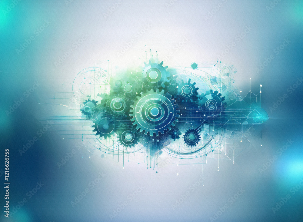 Poster abstract image of interconnected gears, rendered in cool teal and green hues on a grainy paper textu