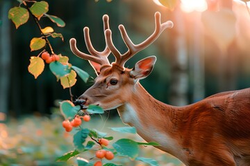 A deer is eating leaves and berries from a tree