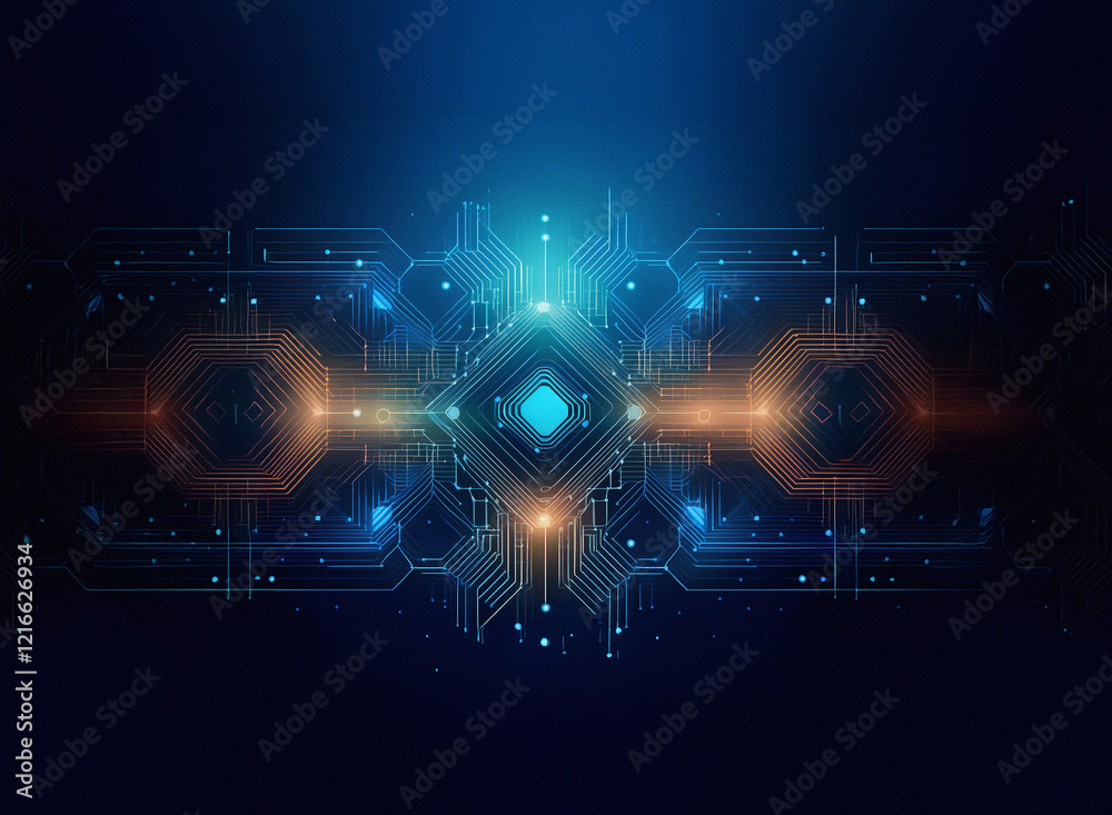 Poster abstract digital circuit design on a grainy paper texture. blue and orange glowing nodes connect, fo