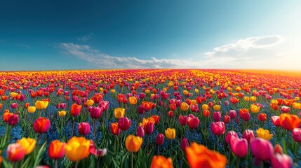 Colorful tulip field sunset landscape spring