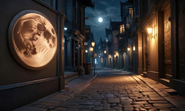 Balisage bronze avec un motif de lune dans une rue ?troite et sombre, bronze, sombre, lune