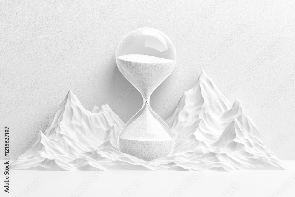 Poster A minimalist a slow-moving hourglass with sand grains forming intricate patterns, representing the passage of time in thoughtful processes,