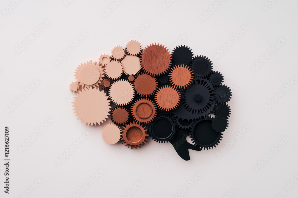 Poster A minimalist of a brain made of interconnected gears moving slowly, symbolizing deliberate and thoughtful mental processes,