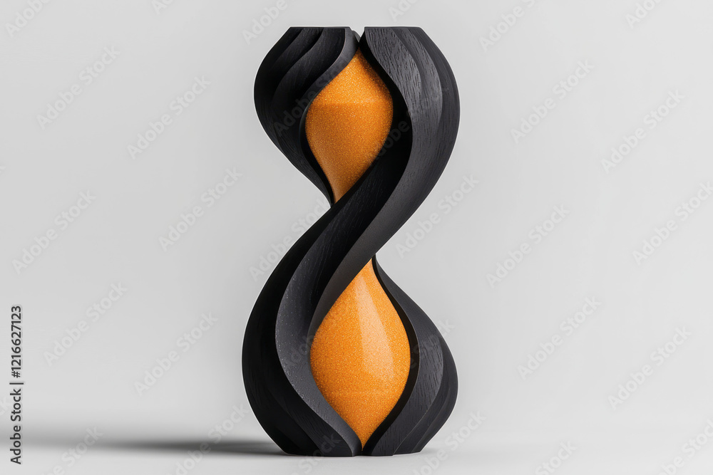 Poster A minimalist a slow-moving hourglass with sand grains forming intricate patterns, representing the passage of time in thoughtful processes,