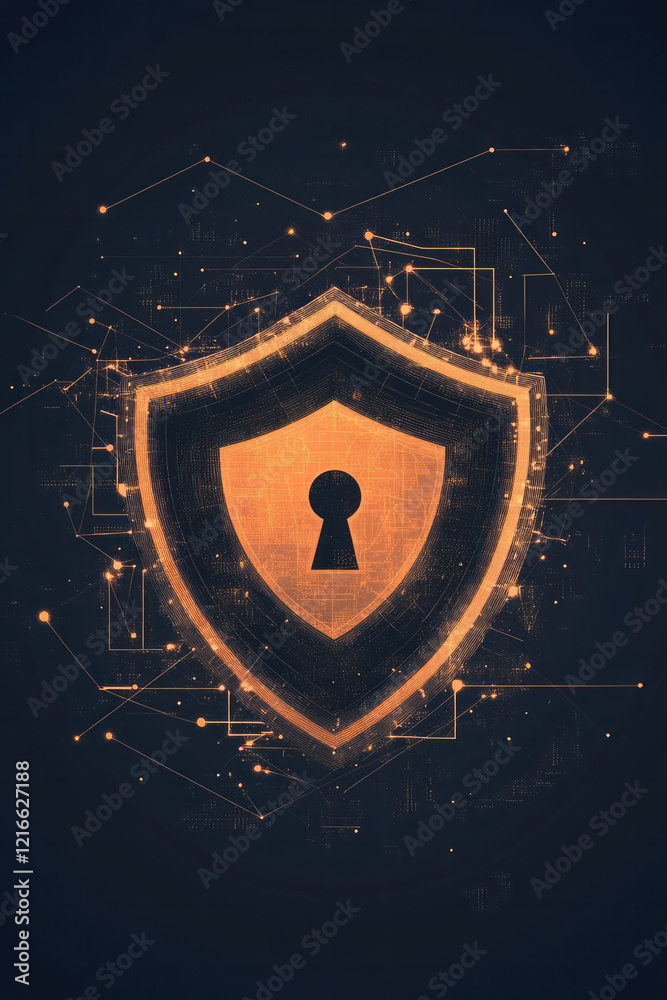 Fototapete An elegant illustration of a lock and shield symbolizing data security and fraud protection in digital preservation, set against a modern tech background,