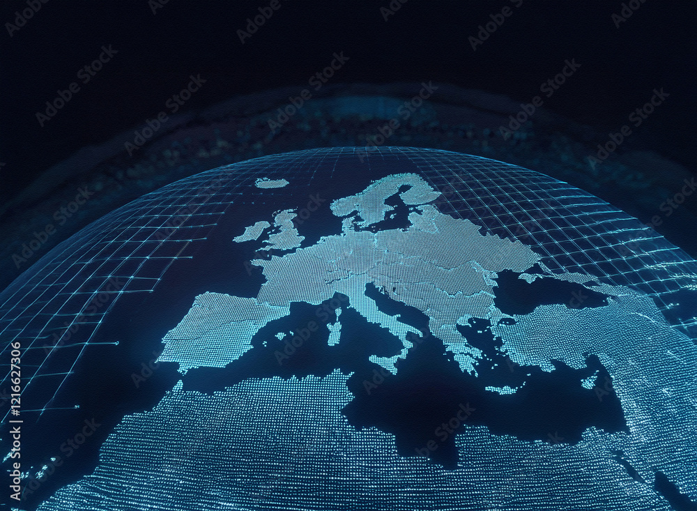 Poster a grainy, textured paper-like effect depicts a glowing digital map of europe, set against a dark bac