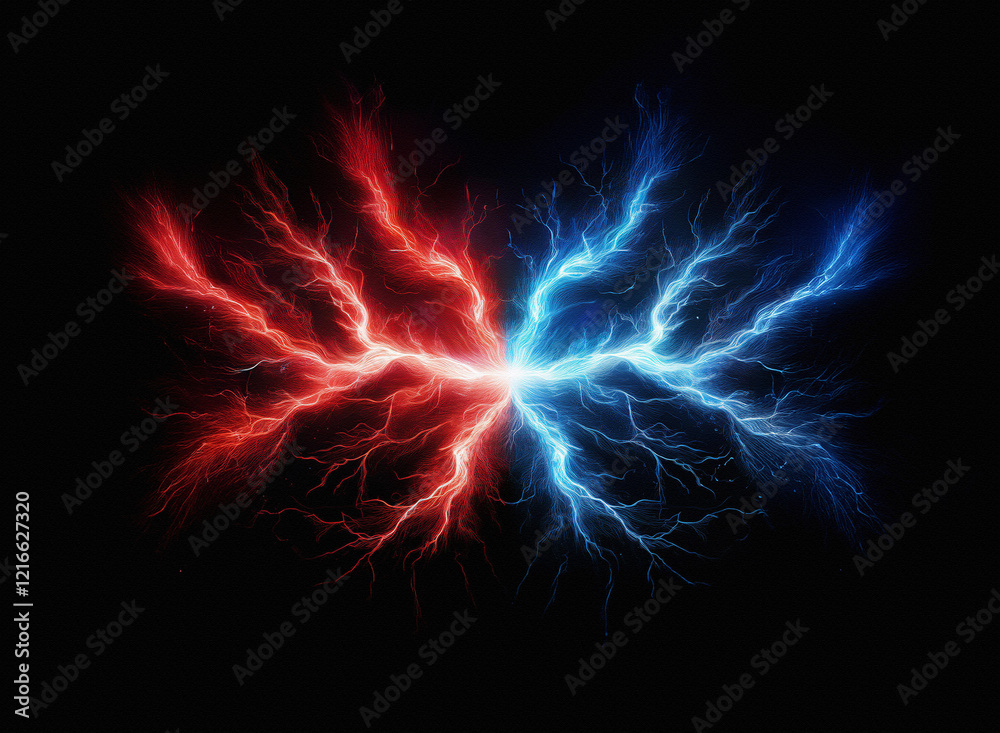 Poster Fiery red and icy blue electrical energy collide in a grainy, paper-textured abstract image.  The contrasting colors create a dynamic visual effect.