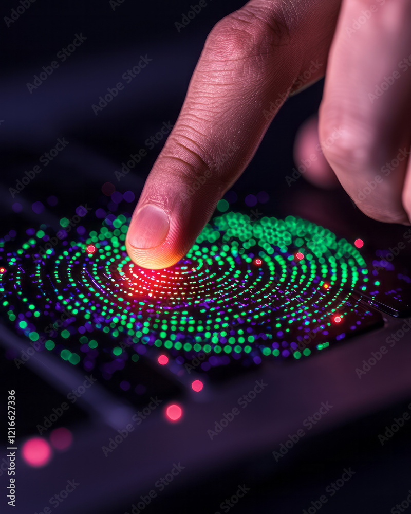 Aufkleber A detailed close-up of hands typing on a secure laptop with a biometric scanner, highlighting advanced fraud prevention technologies in data preservation,