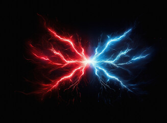 Obraz premium A gritty, textured paper-like image depicts clashing red and blue energy, resembling lightning or plasma, against a black background. The effect is dynamic and powerful.