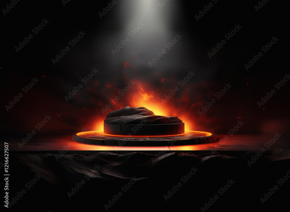 Poster a fiery, grainy paper texture-like rock formation glows on a dark platform, illuminated by a single 