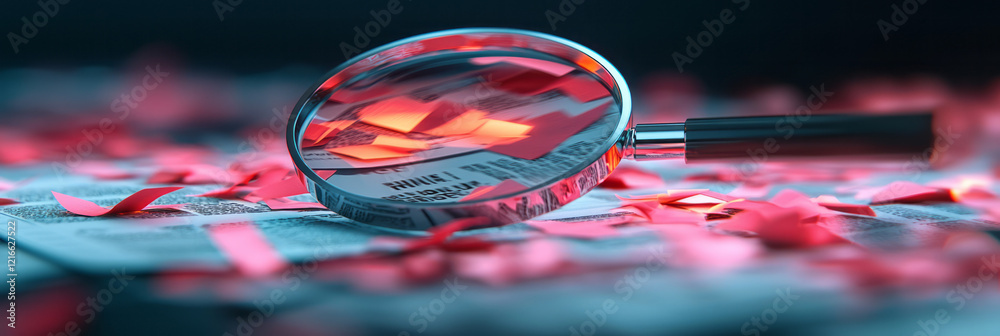 Poster an artistic portrayal of a magnifying glass over financial documents with red flags, emphasizing the