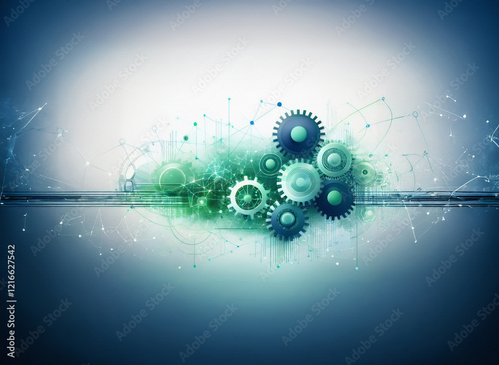 Poster abstract image of interlocked gears in a green and blue cloud, rendered on a grainy paper texture. t