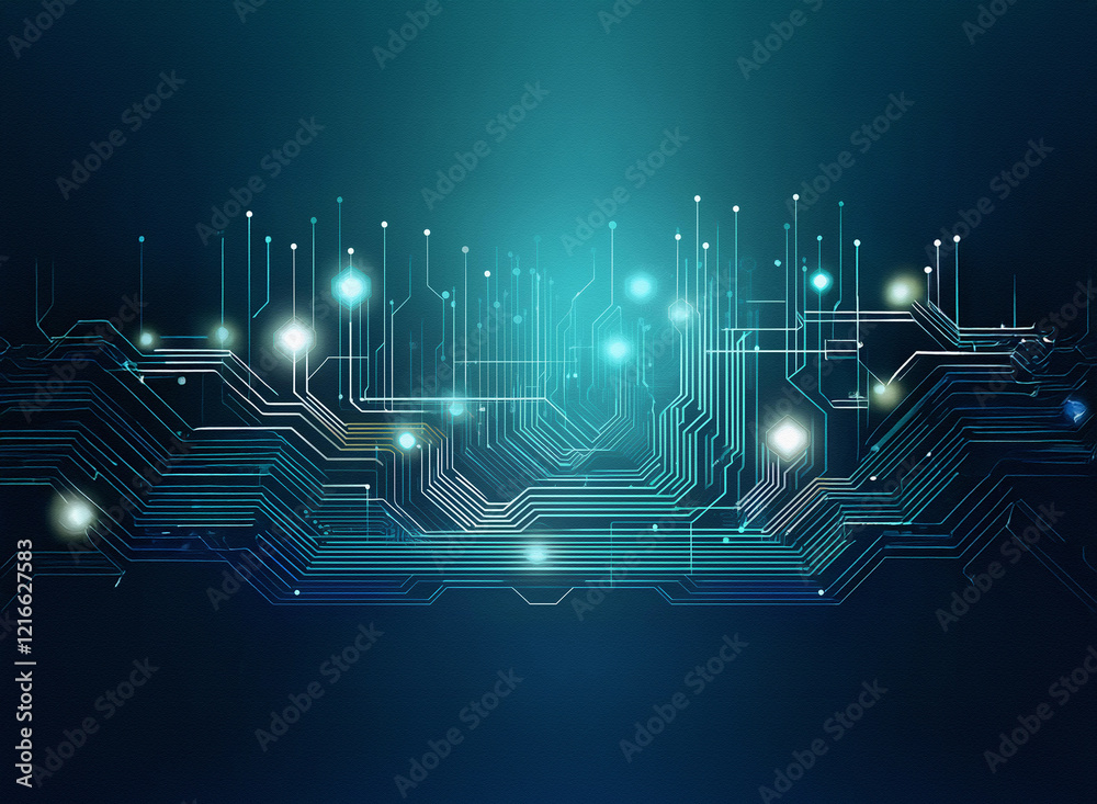 Leinwandbilder Abstract digital circuitry design. Glowing nodes connect on a grainy paper texture, suggesting technological flow and connectivity.  Dark teal color palette.