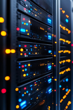A high-angle shot of a secure server room with advanced security measures, showcasing the preservation of digital information against fraudulent activities,