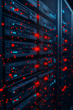 A high-angle shot of a secure server room with advanced security measures, showcasing the preservation of digital information against fraudulent activities,