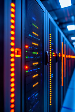 A high-angle shot of a secure server room with advanced security measures, showcasing the preservation of digital information against fraudulent activities,