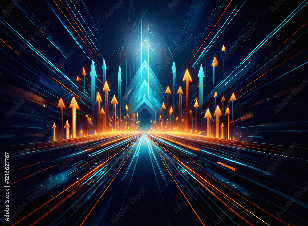 Poster glowing arrows on a grainy paper texture road lead to a bright light, symbolizing upward movement an