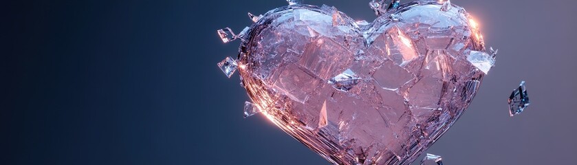 Obraz premium A shattered crystal heart displays glowing edges, with floating fragments reflecting vibrant colors against a dark gradient background. Ample space is available for text overlay