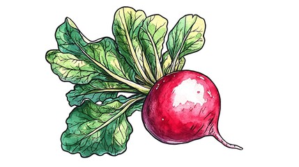 Watercolor Painting of a Fresh Radish with Green Leaves.