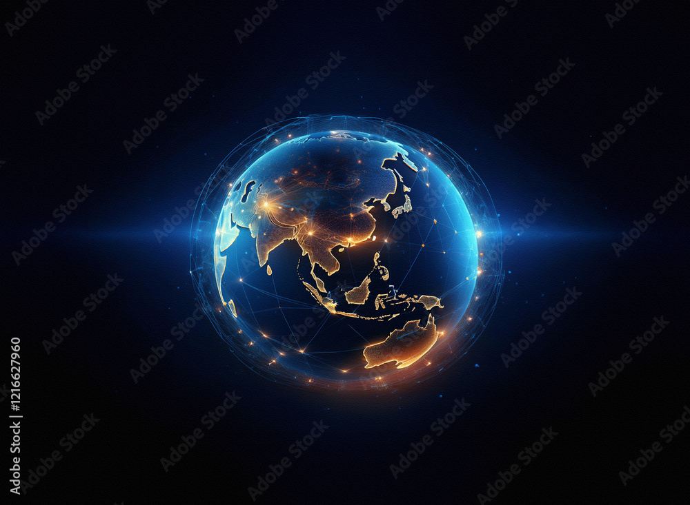 Poster Glowing digital Earth, a grainy paper texture effect, shows interconnectedness of continents.  Lines of light illustrate global networks.