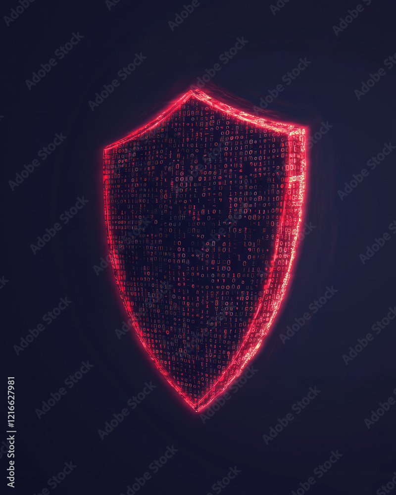 Poster a minimalist digital artwork featuring a shield with binary code patterns, symbolizing the preservat