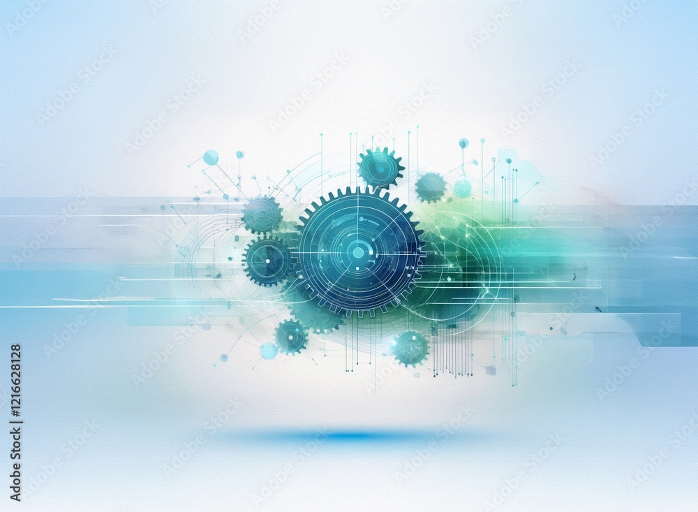 Aufkleber Abstract digital illustration featuring interconnected gears on a grainy paper texture background.  Cool blue and green tones create a technological feel.