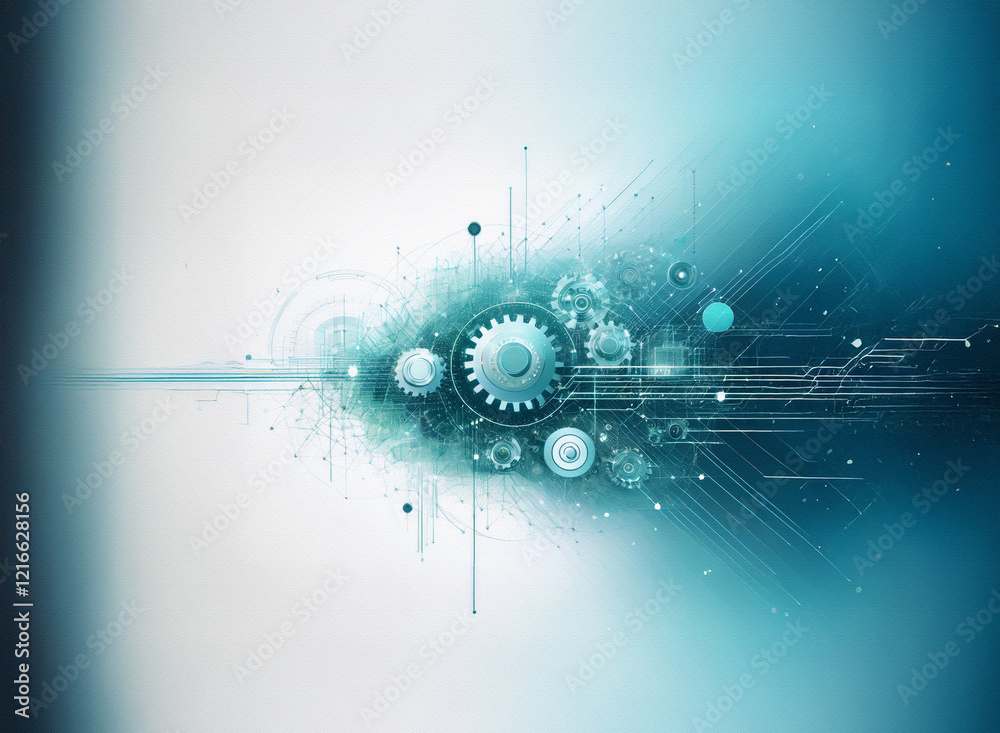 Aufkleber Abstract teal and white digital illustration with grainy paper texture.  Gears and circuit board elements create a technological theme.