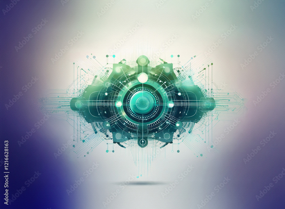 Poster abstract digital artwork featuring a teal, green, and white geometric design on a grainy paper textu