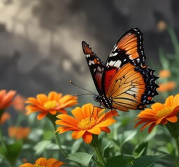 Fototapeta premium beautiful butterfly perched on a colorful orange flower, nature, beautiful, wildlife
