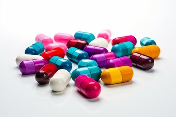 Colorful pills, ellipse shape capsules, isolated on white background. Medicine and health.