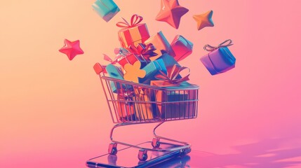 online shopping for gifts, presents overflowing from a shopping cart on a smartphone