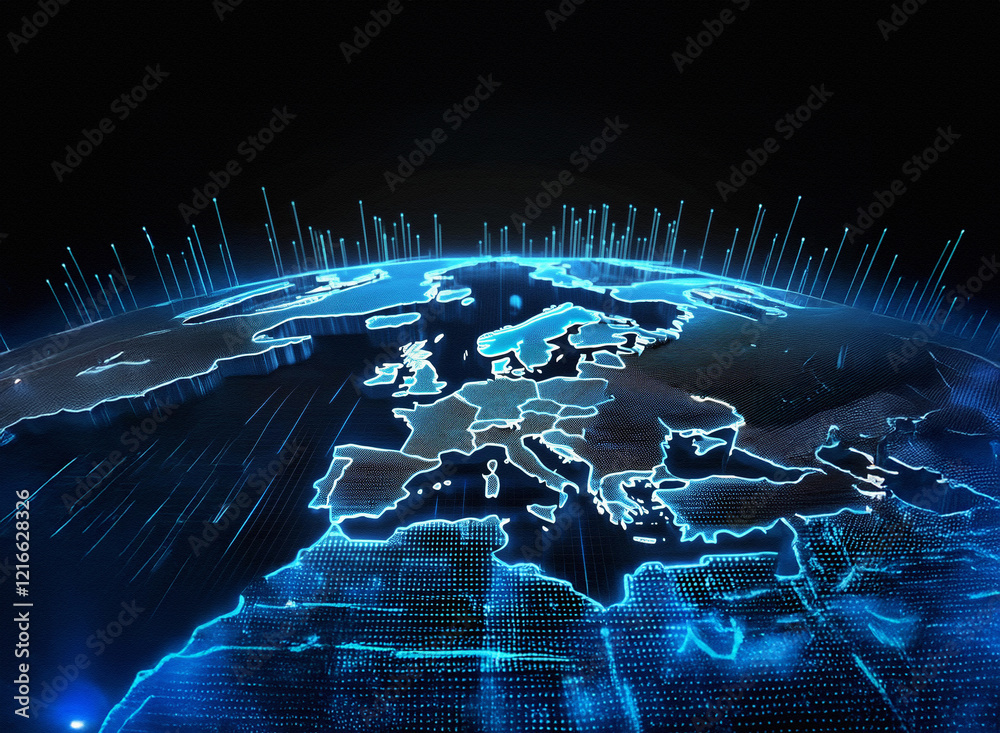 Poster a grainy, textured paper-like effect depicts a digital globe, showcasing europe in glowing blue line