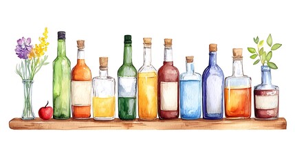 Watercolor Painting of Colorful Bottles and Flowers on Wooden Shelf