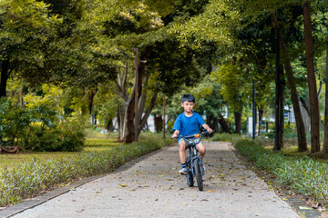 Fototapeta premium A child looked very happy as they had just learned to ride their bicycle in the park