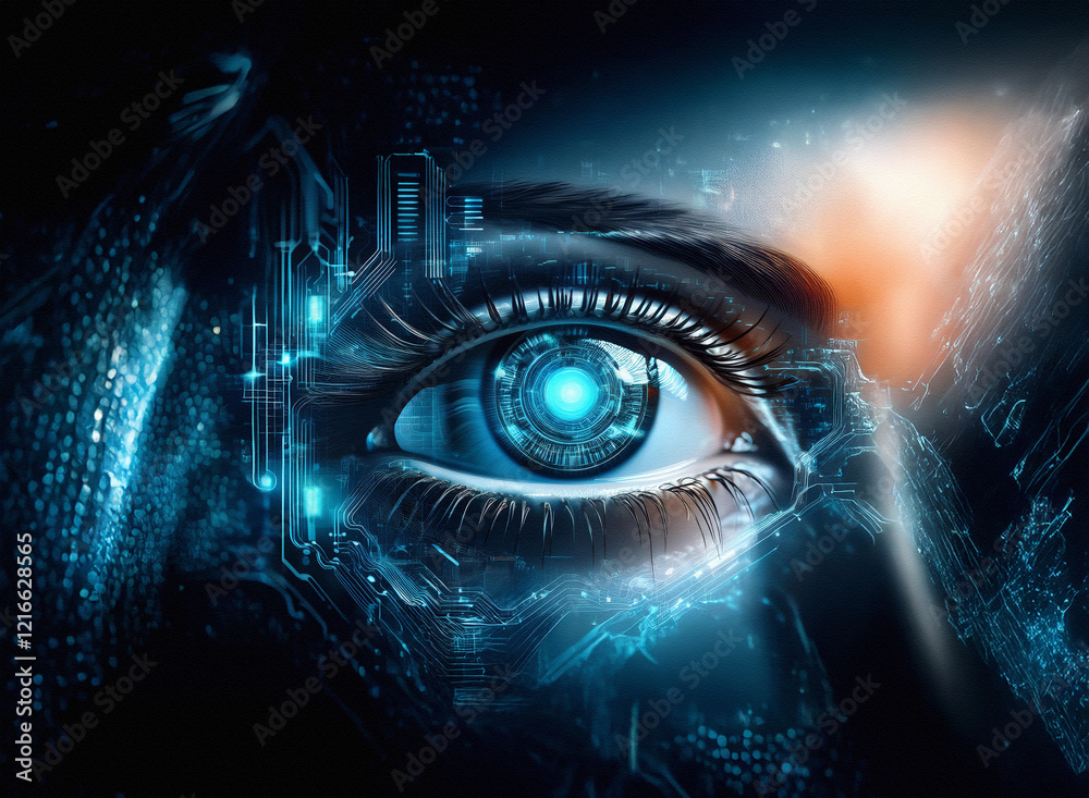 Fototapete a close-up of a woman's eye, digitally enhanced with glowing circuit board patterns on a grainy pape