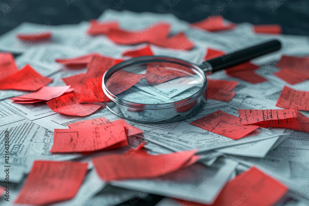 Aufkleber An artistic portrayal of a magnifying glass over financial documents with red flags, emphasizing the detection and prevention of fraud in preservation efforts,