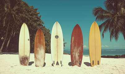 Vintage surfboards standing on the beach with palm trees and a blue sky, a summer vacation concept.