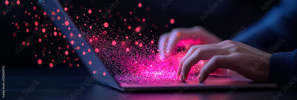 Aufkleber a detailed close-up of hands typing on a secure laptop with a biometric scanner, highlighting advanc