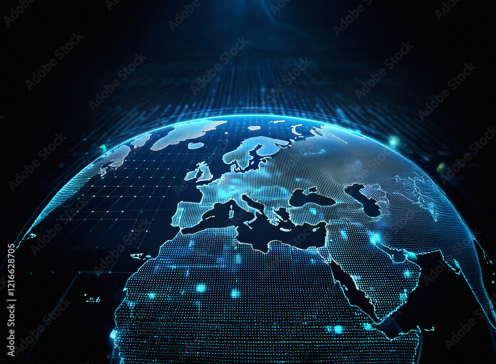 Poster glowing digital globe, grainy paper texture, digital streams converge. a futuristic representation o