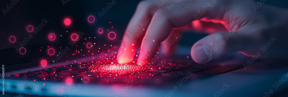 Leinwandbilder a detailed close-up of hands typing on a secure laptop with a biometric scanner, highlighting advanc