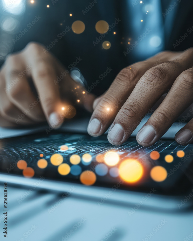 Leinwandbilder A detailed close-up of hands using a resource planning software on a tablet, showcasing digital tools for effective resource allocation and provisioning,