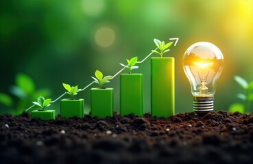 Green bar chart with growing plants renewable energy growth. Light bulb represents innovation in eco friendly energy sector. Plants growing in soil demonstrate development of sustainable practices.