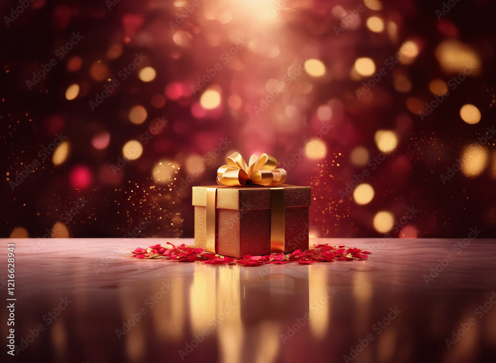 Poster A golden gift box with a red ribbon sits on a reflective surface.  Granular paper texture and bokeh background create a festive mood.