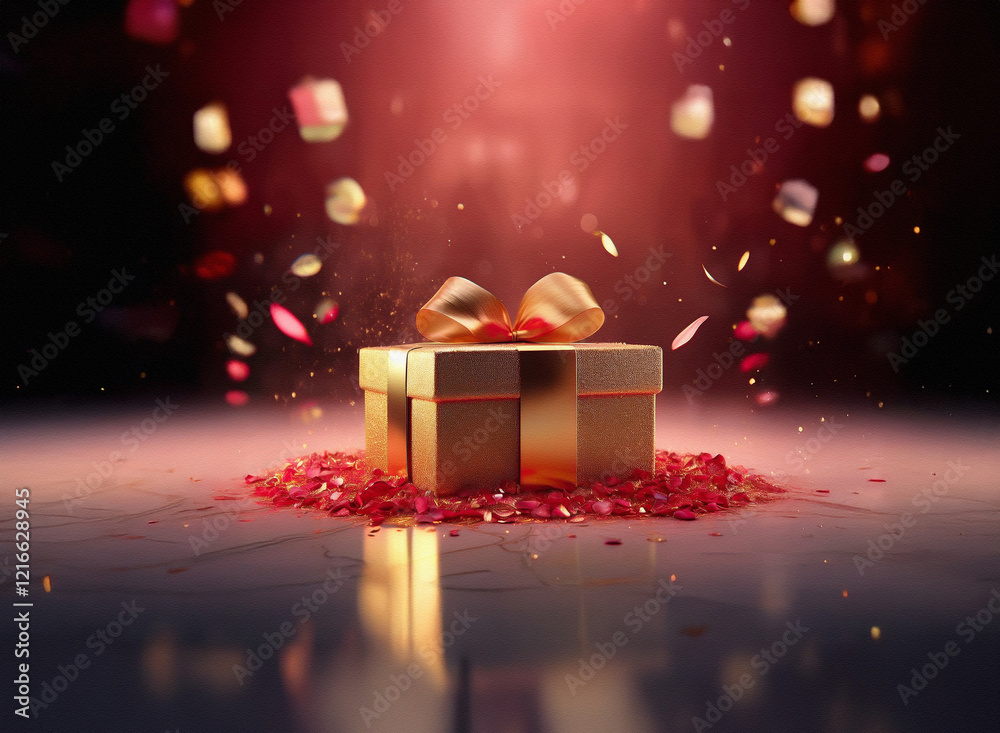Aufkleber a golden gift box with a golden ribbon sits on a marble surface, surrounded by red confetti. the gra