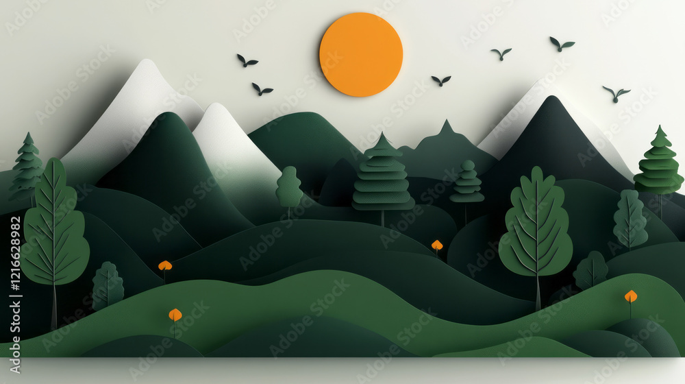 Poster an elegant illustration of a balanced ecosystem with flora and fauna, representing the provision and