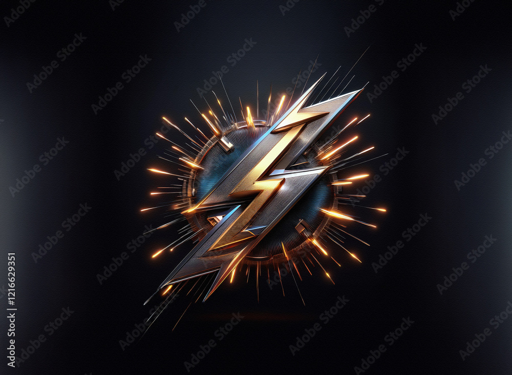 Aufkleber a gritty, metallic lightning bolt emblem, rendered with a grainy paper texture, bursts from a glowin